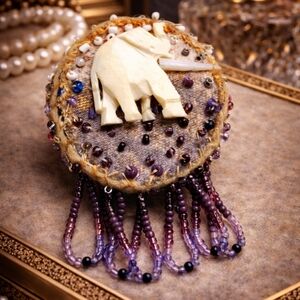 VINTAGE HANDCRAFTED BONE ELEPHANT BROOCH BEADED FRINGE ONE OF A KIND